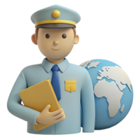 3D Illustration of a Customs Officer Holding a Folder Next to a Globe png