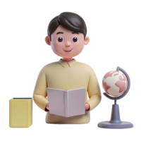 Smiling Cartoon Boy Holding a Book and Standing Next to a Globe png