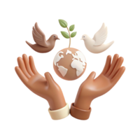 Protecting Our Planet A 3D Illustration of Hands Holding the Earth, Surrounded by Birds and a Sprouting Plant png