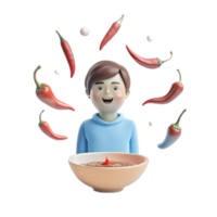 Smiling 3D Character Holding a Bowl of Chili Sauce Surrounded by Chilis png