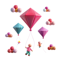 3D Rendered Illustration of Colorful Balloons with Little Figures Hanging from Them png