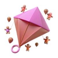 3D Rendered Illustration of Colorful Kite with Little People Holding Balloons png