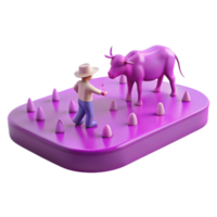 3D Render of a Farmer Feeding a Purple Cow on a Platform png