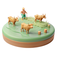 3D Render of a Farmer and Cows on a Grassy Island png