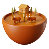 3D Render of a Miniature Farm with Two Cows and a Small House in a Bowl png
