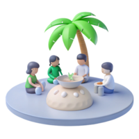 3D Illustration of Friends Enjoying a Picnic Under a Palm Tree png