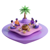 3D Render of People Gathering Around a Pot Under a Palm Tree png