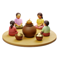3D Illustration of People Sitting Around a Pot with a Gourd on Top png