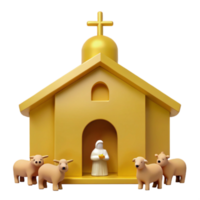3D Render of a Small Church with a Cross on Top and Sheep Surrounding It png