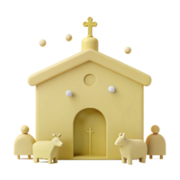 3D Render of a Yellow Church with a Cross on Top and Two Cows in Front png