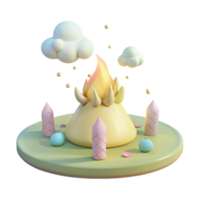 3D Rendered Scene with Fire, Clouds, and Colorful Objects png