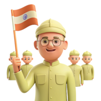 Smiling Cartoon Character Holding Flag with Three Other Cartoon Characters in the Background png