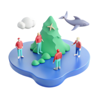 3D Illustration of a Small Island with People, Rocks, a Tree, and a Flying Fish png