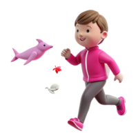 Smiling Character Running with Pink Dolphin and Fish png