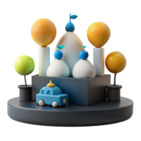 3D Rendered Abstract Scene with Geometric Shapes, Toy Car, and Trees png