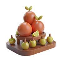 3D Render of a Fruit Display with Oranges and Limes on a Wooden Stand png
