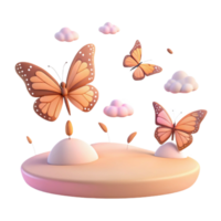 3D Render of Butterflies and Clouds on a Platform png
