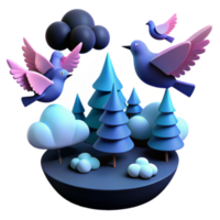 3D Rendered Scene of Birds Flying Over Trees and Clouds png