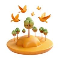 3D Render of Birds Flying Over a Small Island With Trees png