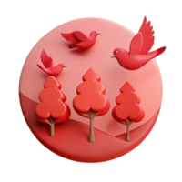 3D Illustration of Red Birds and Trees in a Circular Landscape png