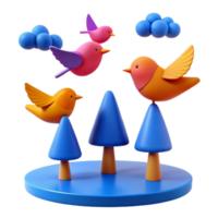 3D Cartoon Birds on a Blue Platform with Three Trees png