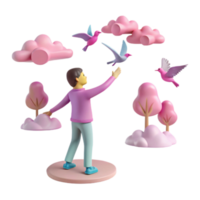 3D Render of Person Reaching for Birds in a Dreamy Scene with Clouds and Trees png