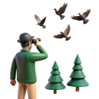 Birdwatching in the Forest Man with Binoculars Observing Birds Near Pine Trees png