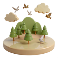 3D Rendered Nature Scene with Trees, Birds, and Clouds png