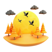 3D Illustration of a Forest Scene with a Large Yellow Moon and Flying Birds png
