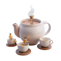 Tiny Figures Enjoying a Tea Party with a Steaming Teapot png