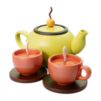 Yellow Teapot with Two Cups and Saucers png