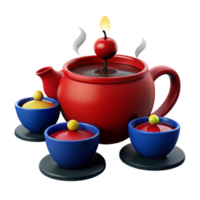 Red Teapot with Three Cups and a Candle on Top png
