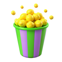 3D Render of a Green and Purple Striped Popcorn Bucket with Yellow Popcorn png