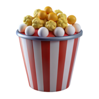 Red and White Striped Popcorn Bucket with Yellow and White Popcorn png
