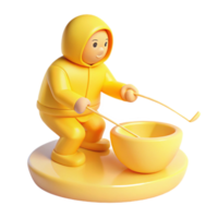 3D Illustration of a Cartoon Figure in a Yellow Suit Using a Stick to Stir a Bowl png