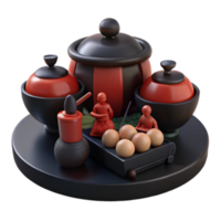3D Render of Red and Black Ceramic Containers, Figures, and Eggs on a Tray png