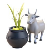 3D Render of a Cow and a Pot of Sugarcane png