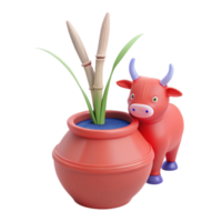3D Render of a Red Bull with a Pot of Green Plants png