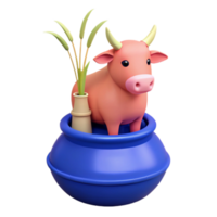 3D Render of a Pink Cow Standing in a Blue Pot with Green Grass png