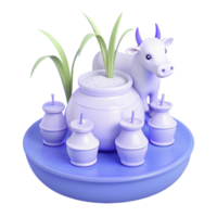3D Render of a White Cow with a Pot of Milk and Sugarcane png