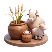 3D Render of a Potted Plant, a Clay Pot, and Two Cows png