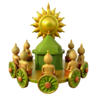 3D Render of Golden Figures Surrounding a Green Structure with a Sun Symbol png
