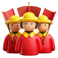 Three Cartoon Characters Wearing Red Uniforms and Yellow Hats Holding Flags png