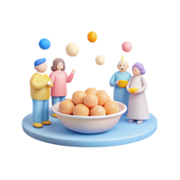 Cute 3D Characters Enjoying a Bowl of Round Objects png