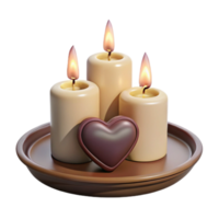 Three Burning Candles and a Chocolate Heart on a Wooden Tray png