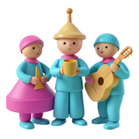 Three Toy Figures One Holding a Mug, One Holding a Guitar, and One Holding a Triangular Shape png