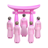 Five Figures in Pink Robes Standing Before a Torii Gate png