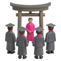 Students in Traditional Japanese Attire Gathering at a Torii Gate png