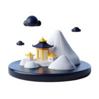 3D Rendered Mountain Scene with Pagoda and Clouds png