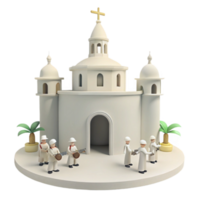 3D Render of a Church with Palm Trees and Figures png